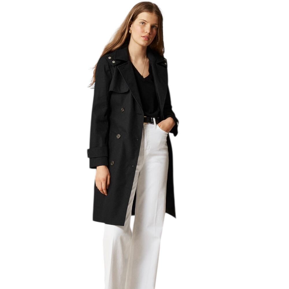 J.Crew Black Double-Breasted Icon Trench Coat Water Repellent Cotton Hooded 20